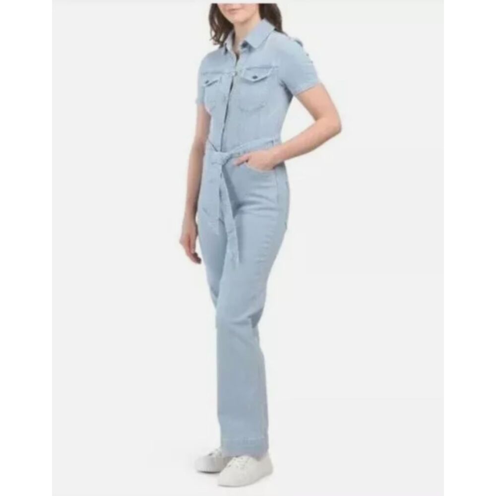 Avec Les Filles Denim Blue Wide Leg Belted Short Sleeve Fitted Jumpsuit Sz 29